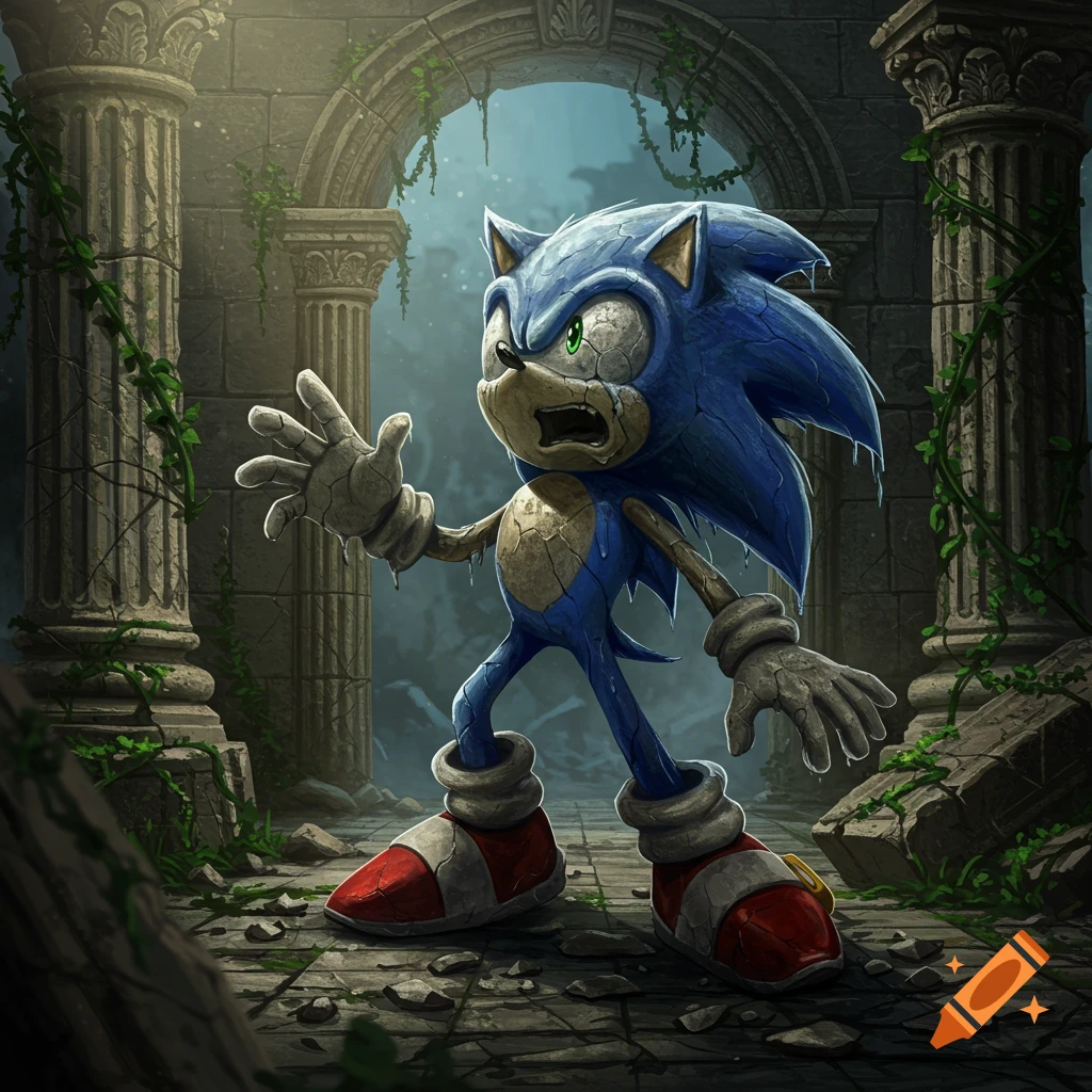 Sonic the Hedgehog, screaming and turning to stone, stands in crumbling ancient ruins covered in vines.