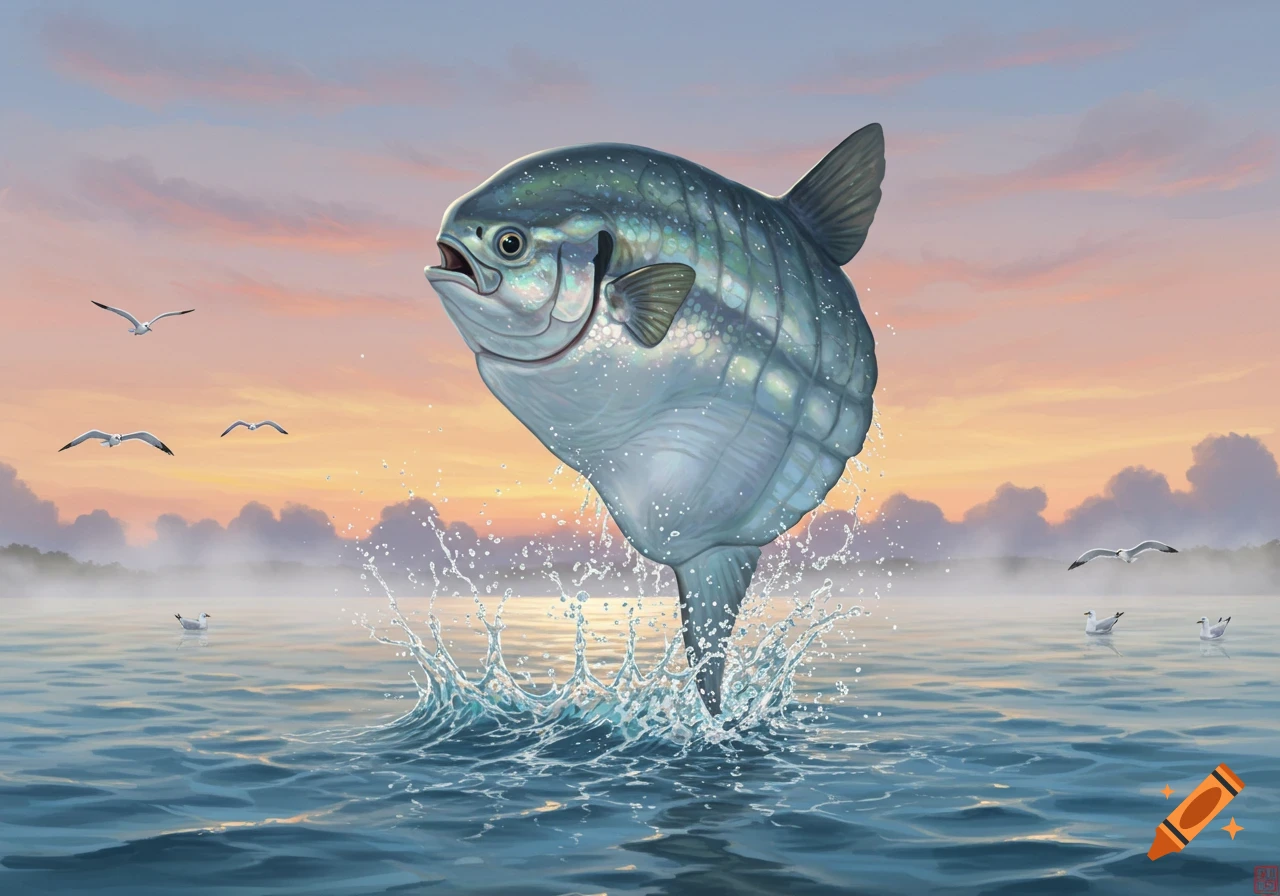 A large, silver sunfish with a textured body leaps out of calm blue water, creating a splash. Gulls fly in the pastel orange and blue sunset sky over a misty distant shore.