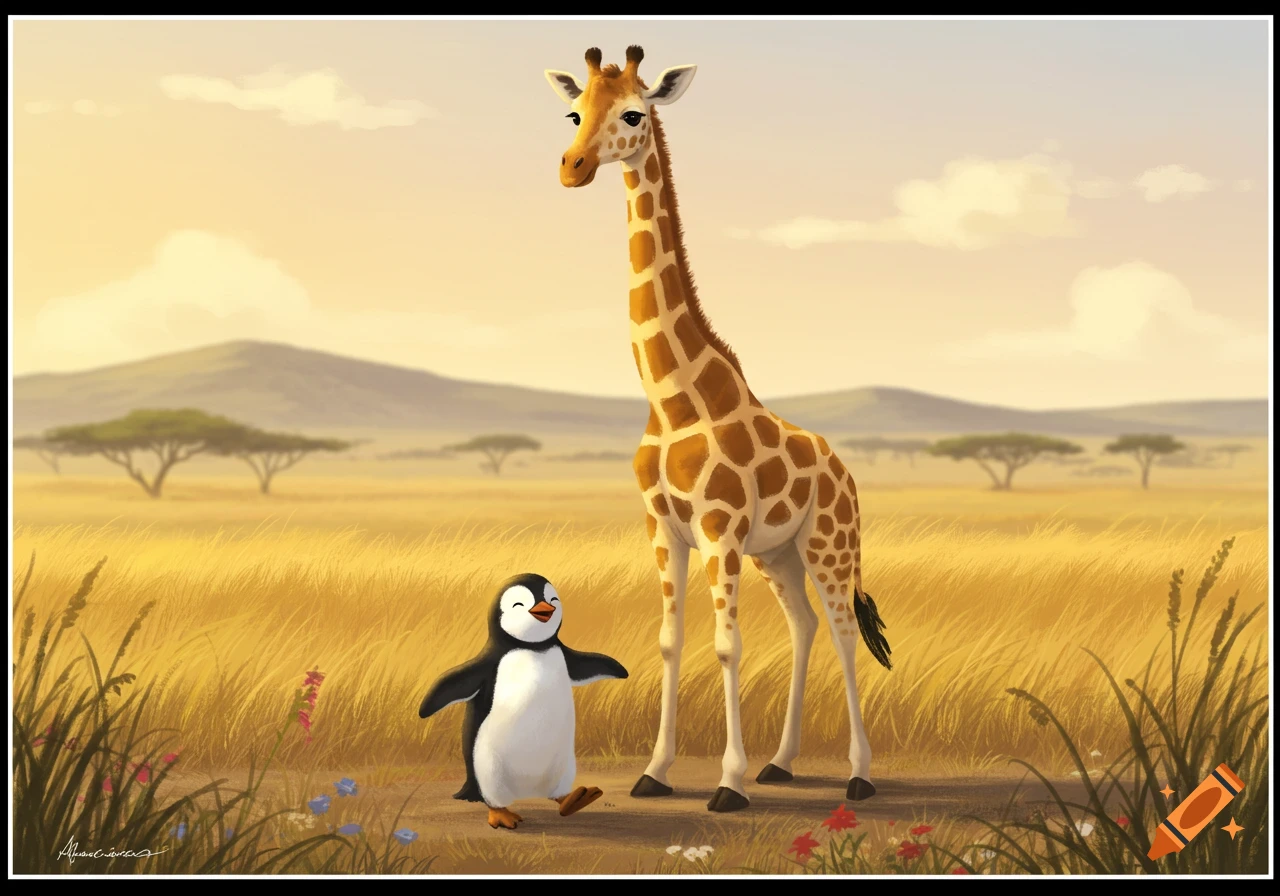 A cartoon giraffe and a penguin stand in a golden savanna with acacia trees under a cloudy sky.