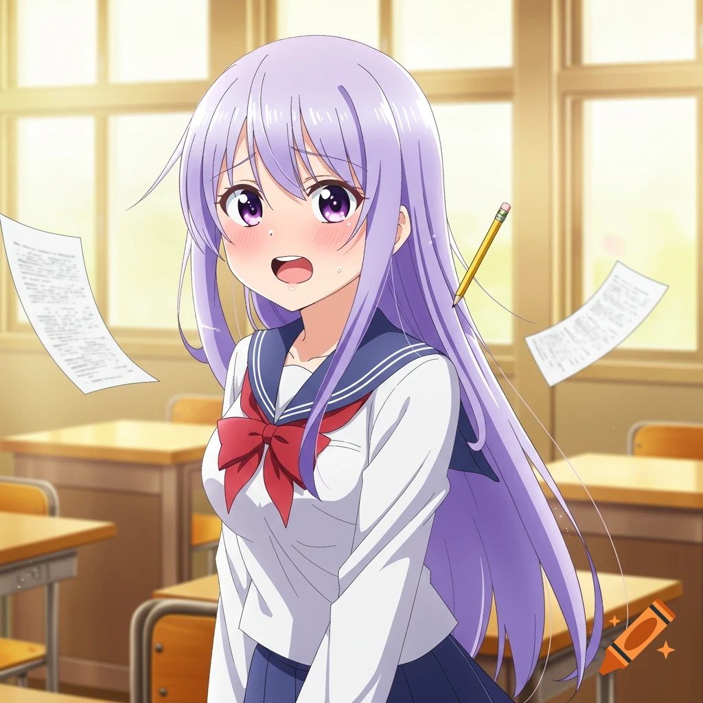 Flustered anime girl in a sailor uniform, with purple hair and a pencil, as papers fly in a classroom.