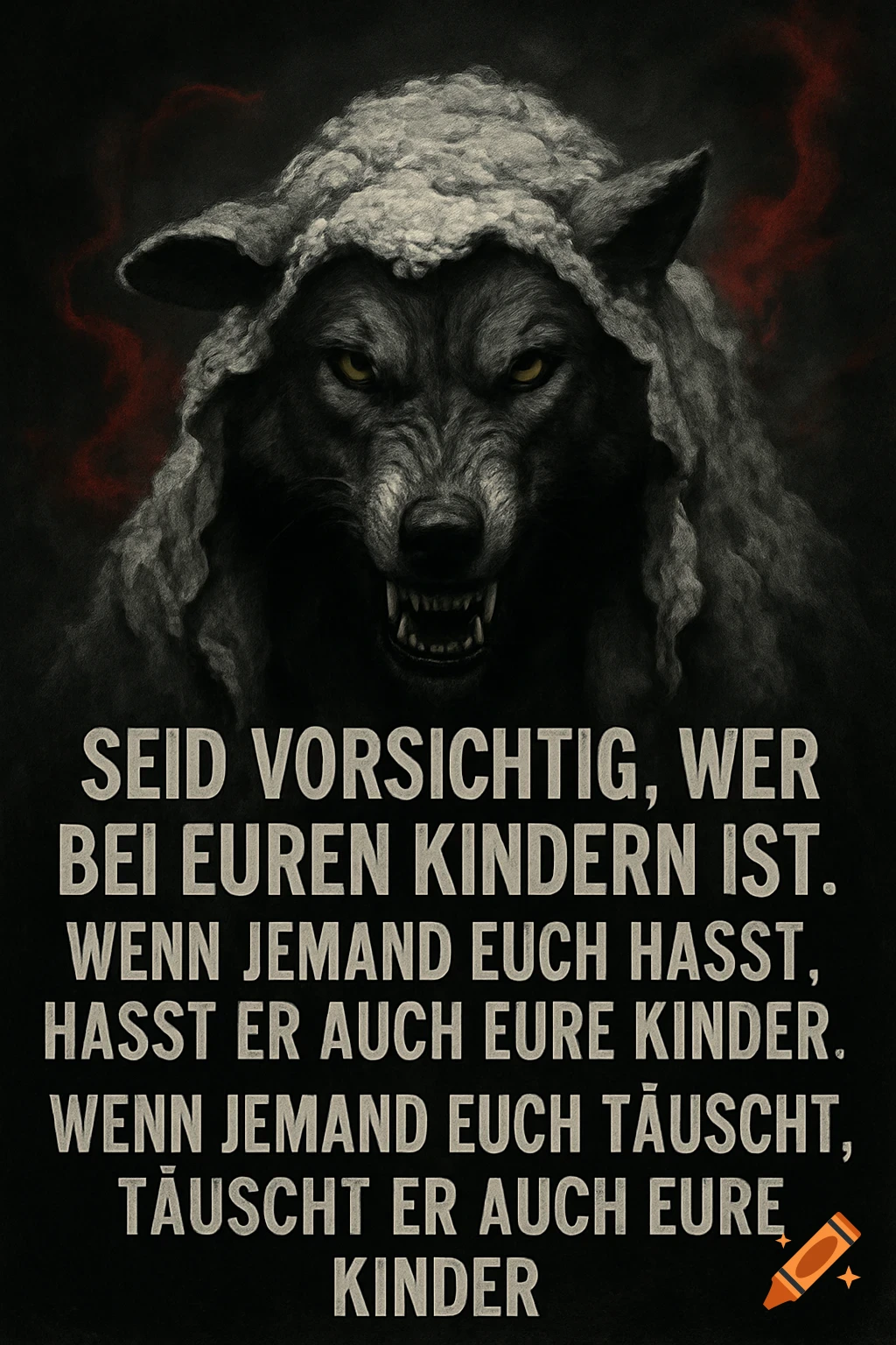 An aggressive wolf with yellow eyes in a tattered sheepskin hood, red smoke behind, above German text on a dark background.