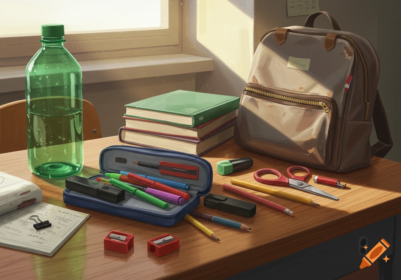 A detailed illustration of school supplies on a wooden desk: a green water bottle, stacked books, a backpack, and various stationery.