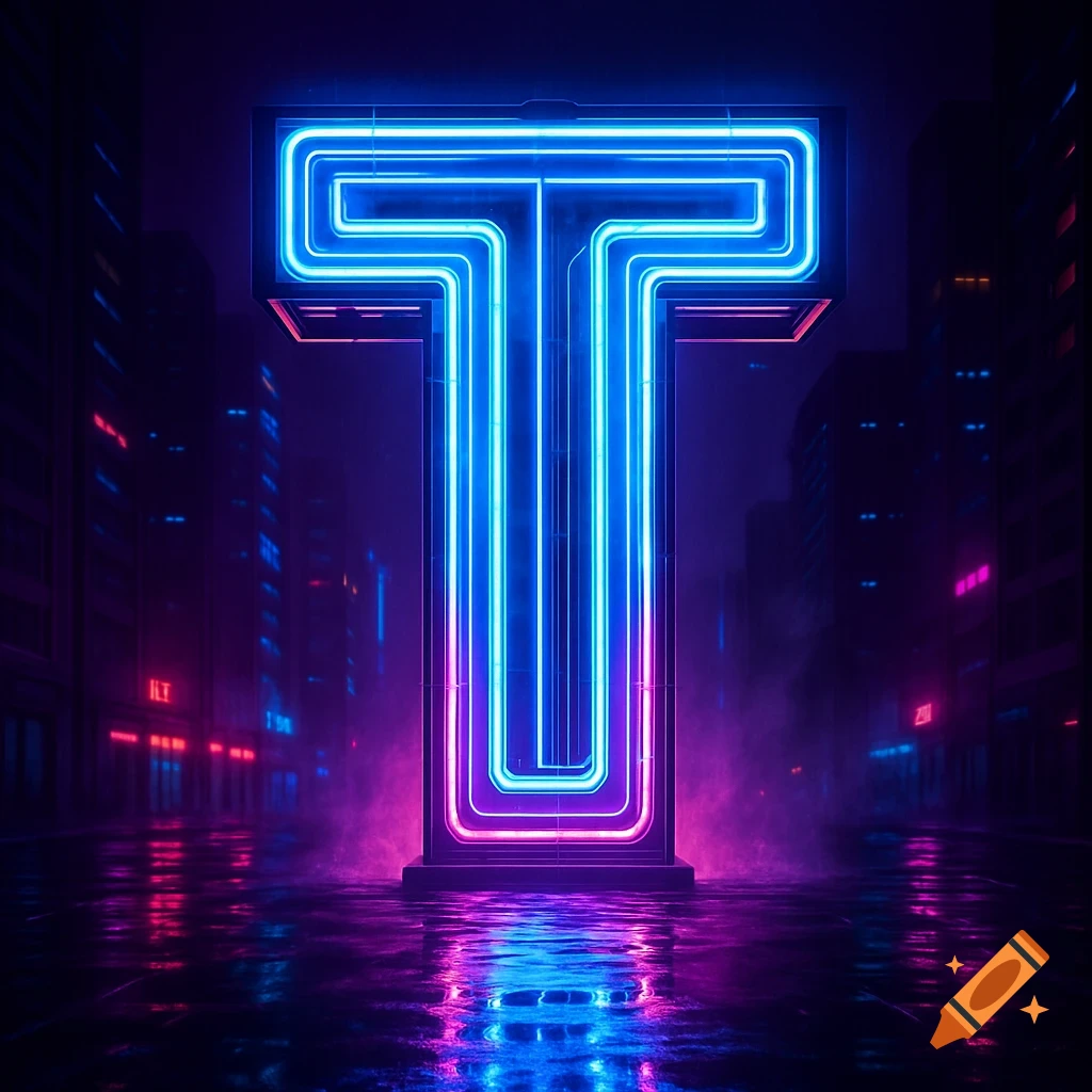 A large, glowing blue and purple neon letter 'T' stands prominently in a dark, wet cyberpunk city street, reflecting its light.