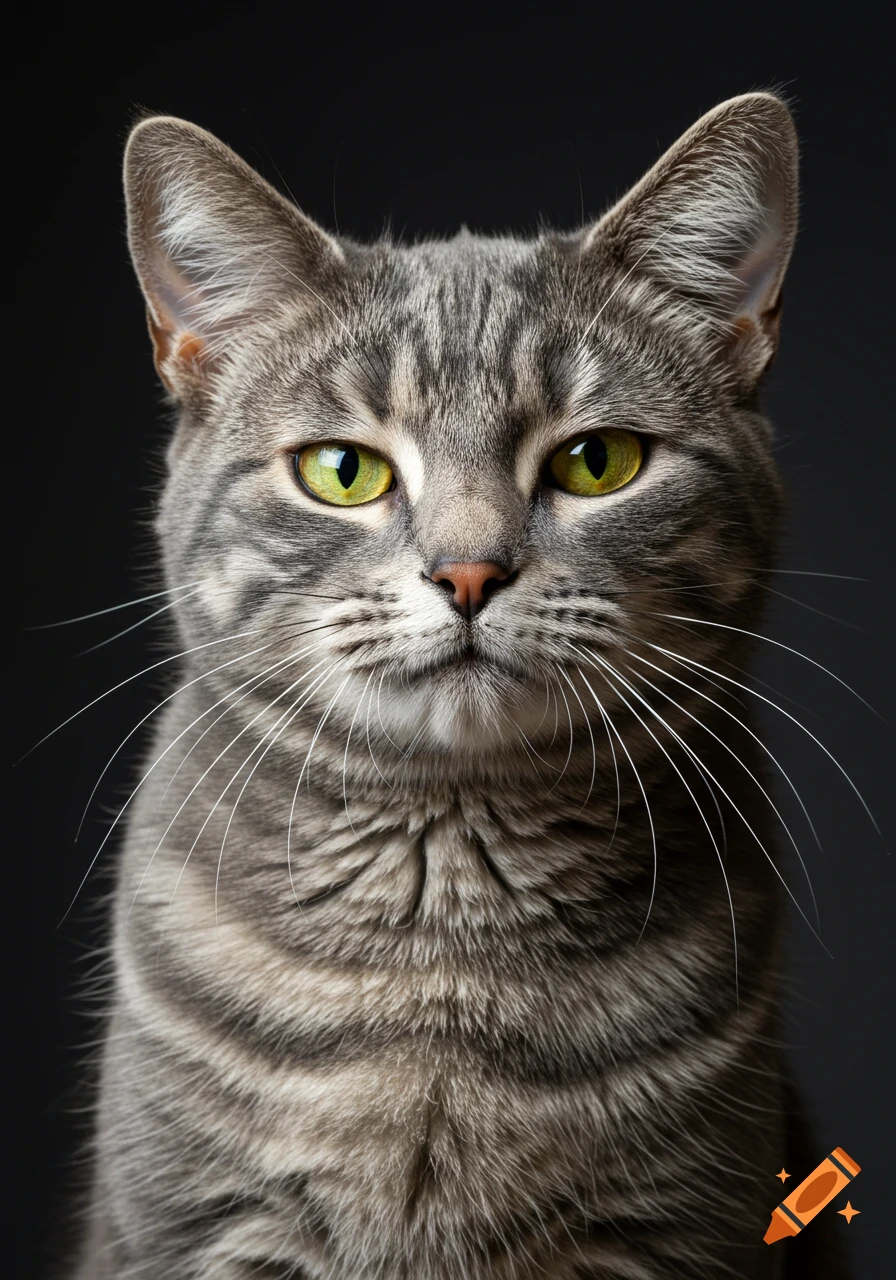 Close-up portrait of a gray tabby cat with bright yellow eyes looking directly at the viewer against a dark background, photorealistic style.