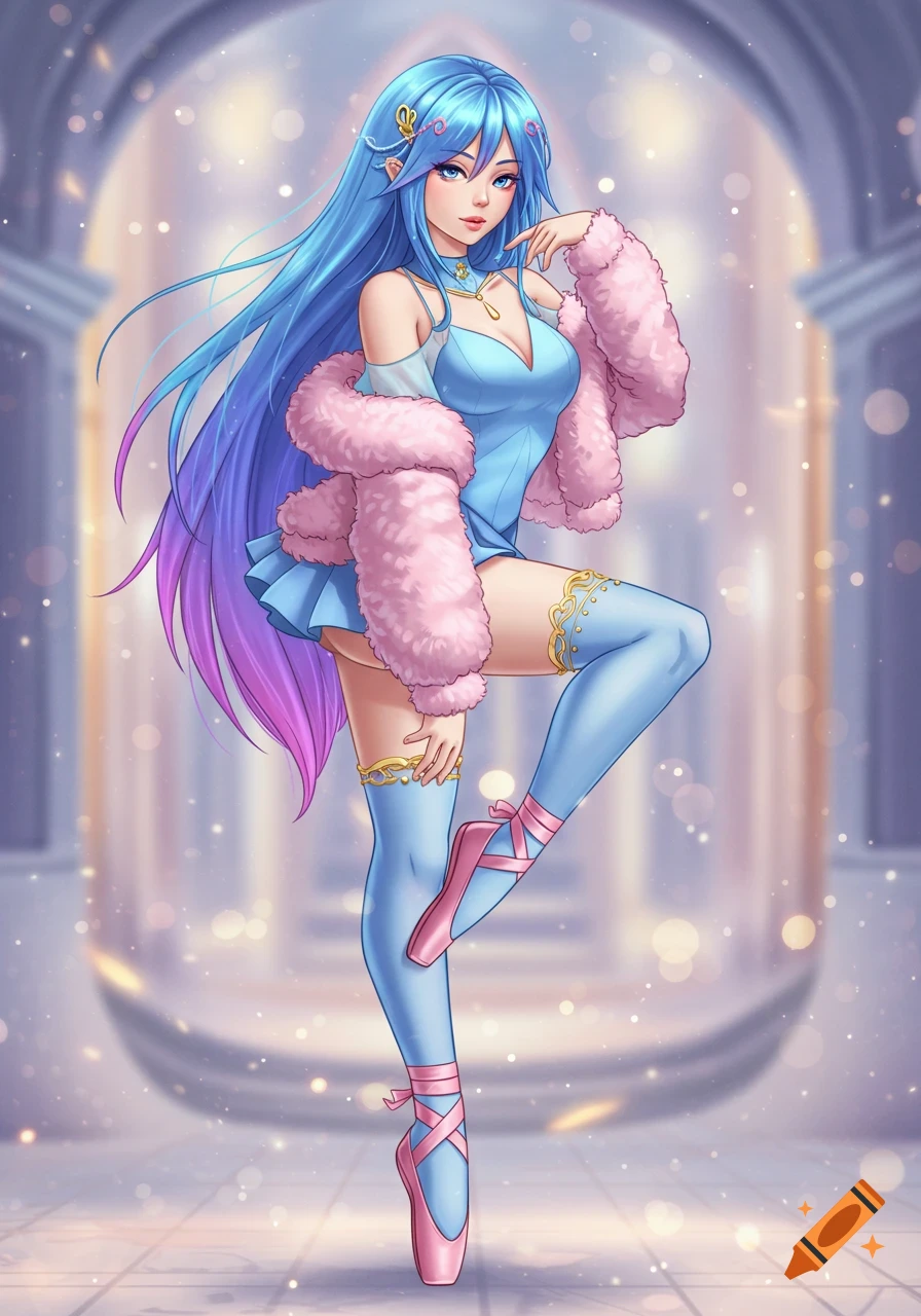 Anime girl with blue-purple hair, light blue dress, pink fluffy jacket, long blue socks, and pink ballet pointe shoes, posing elegantly.