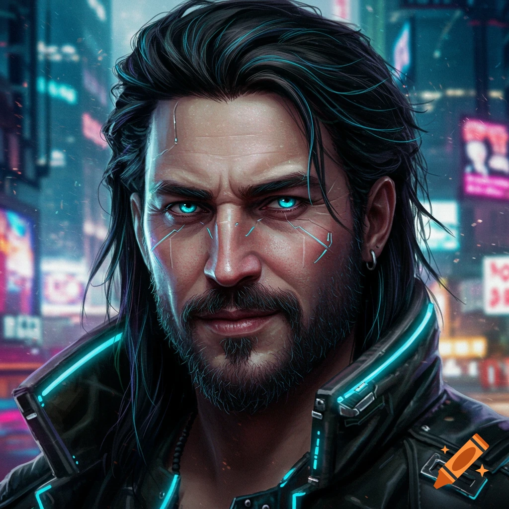 A close-up portrait of a cyberpunk man with long black hair, a beard, glowing blue eyes, and neon blue lines on his face and jacket, against a blurred futuristic city background.