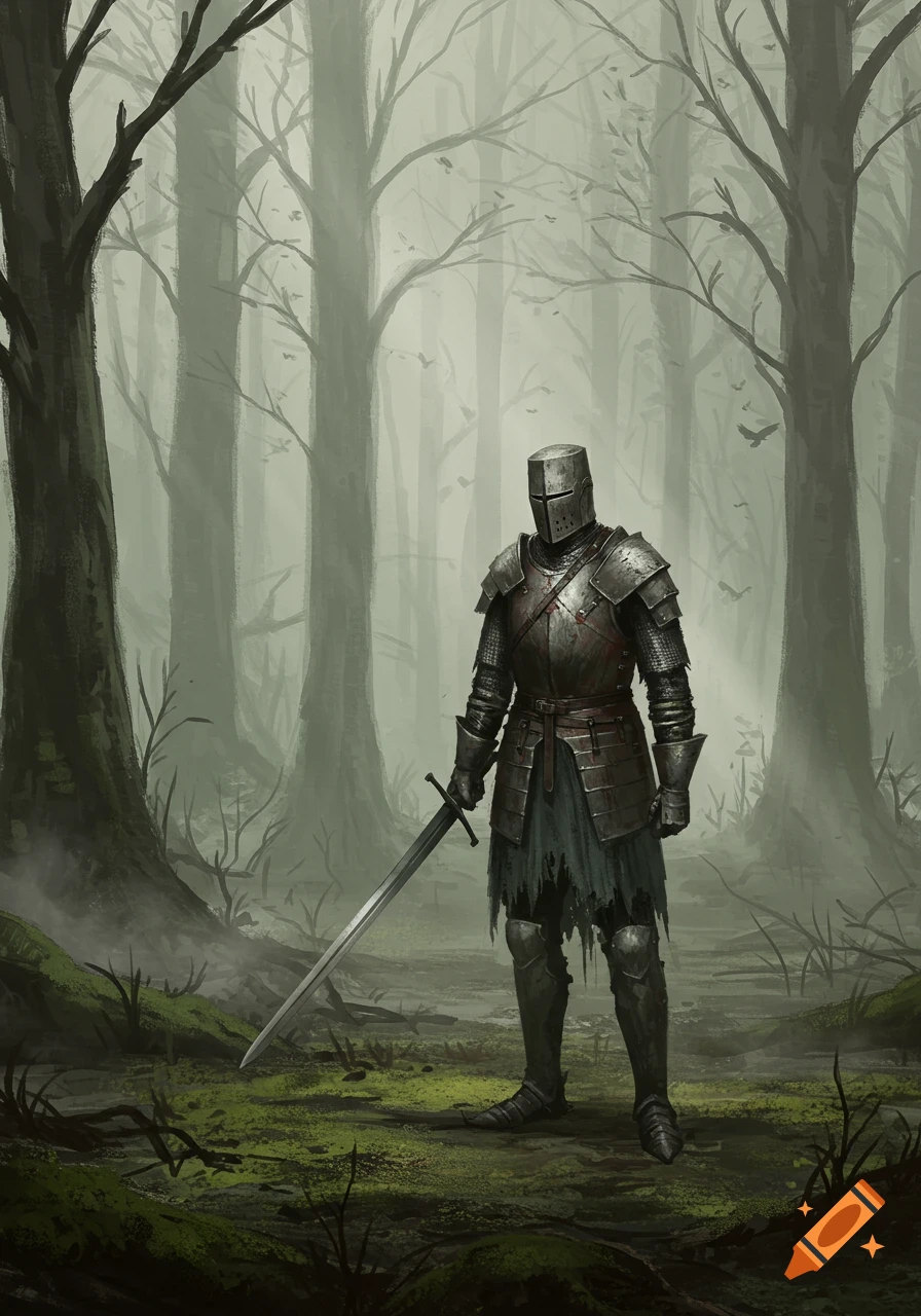 A knight in heavy armor with a sword stands in a foggy, dreary forest.