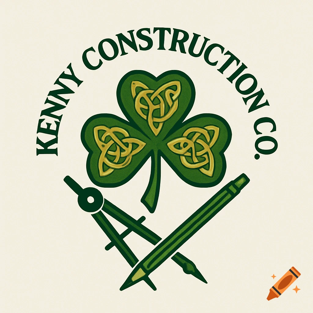 Kenny Construction Co. logo with a green shamrock featuring gold Celtic knots, crossed drafting tools, and green text.