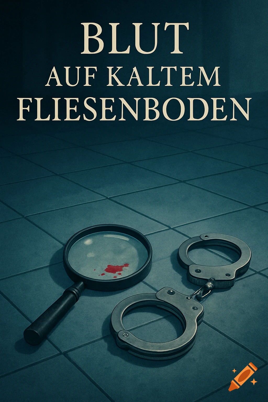 A magnifying glass, blood splatter, and handcuffs rest on a dark tiled floor beneath the title 'BLUT AUF KALTEM FLIESENBODEN'.