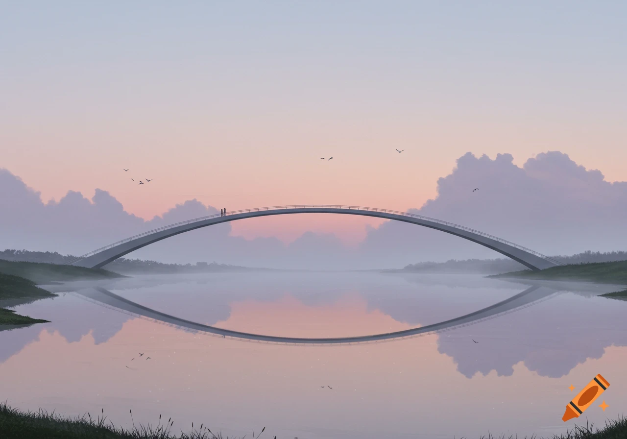 A minimalist bridge arches gracefully over calm water under a pastel sky at dawn, with two small figures on the bridge and birds flying.