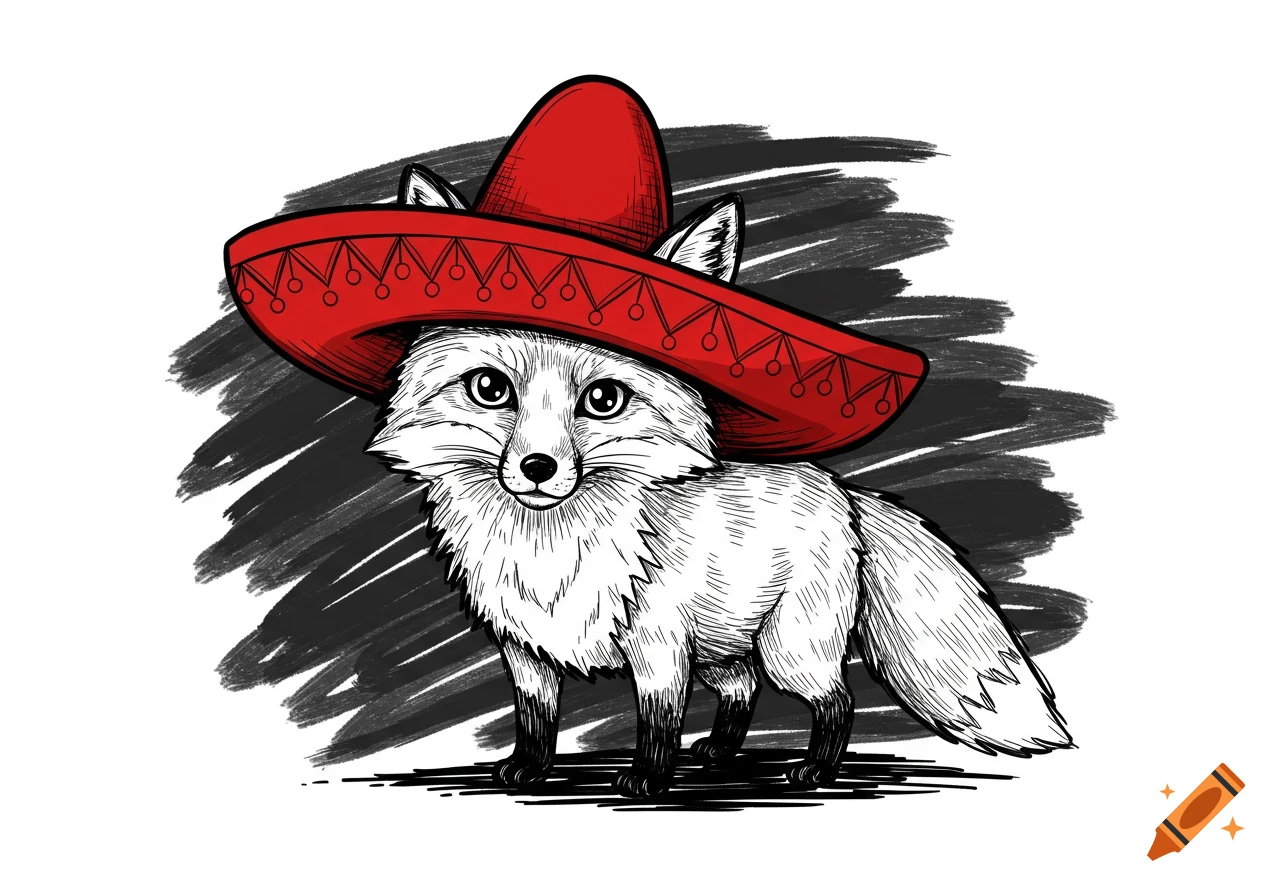 A charming white fox wearing a large red sombrero in a black and white comic book style illustration with a dark brushstroke background.