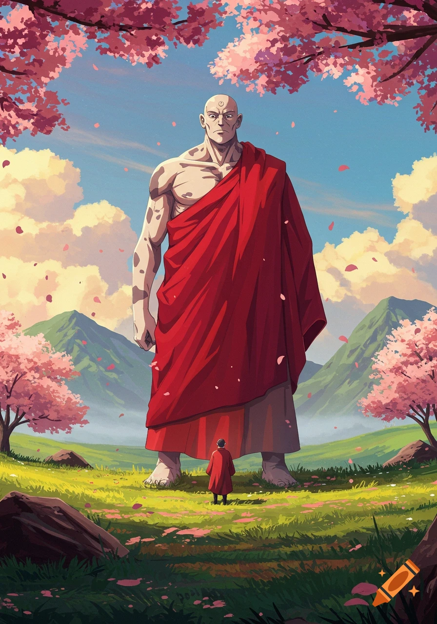 A giant bald man in a red robe stands in a vibrant field with cherry blossoms, looking down at a small figure, in Studio Ghibli anime style.