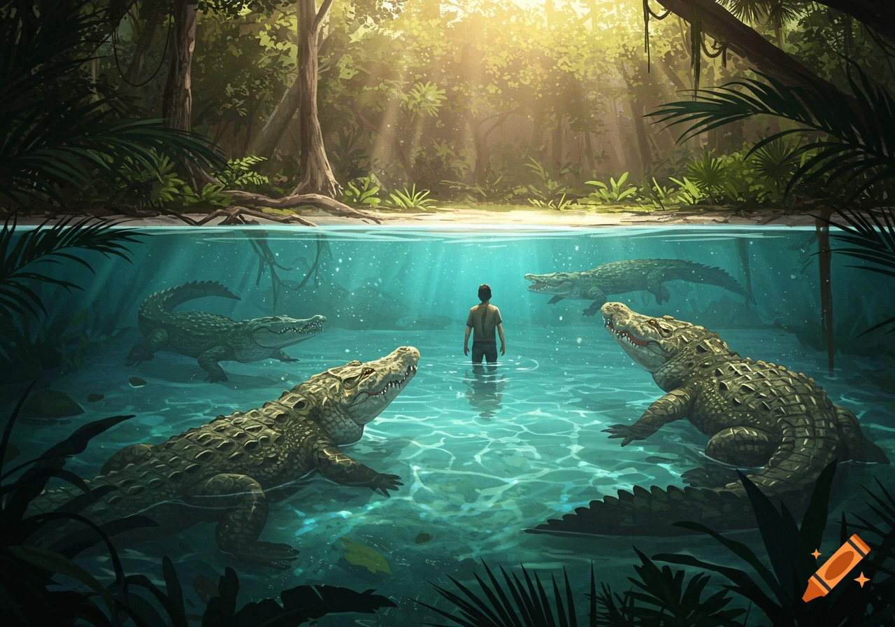Illustration of a person surrounded by crocodiles in clear jungle water with sunlight shining through trees.