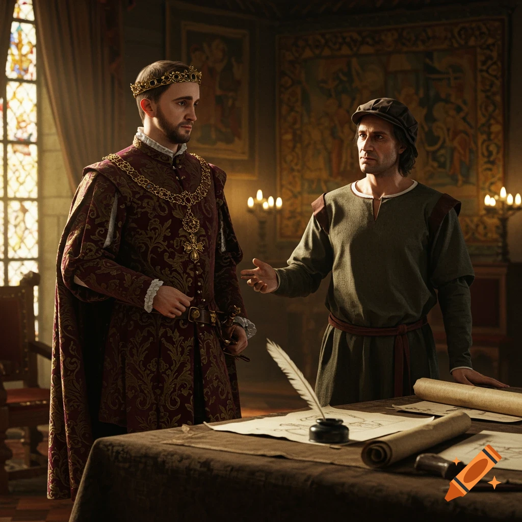Photorealistic image of two men in historical attire, one crowned, in a richly decorated room with scrolls and an inkwell on a table.