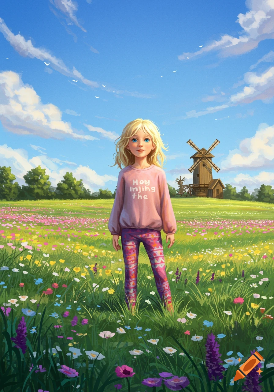 A blonde girl in a pink sweater and patterned leggings stands in a vibrant wildflower field with a windmill, artistic style.