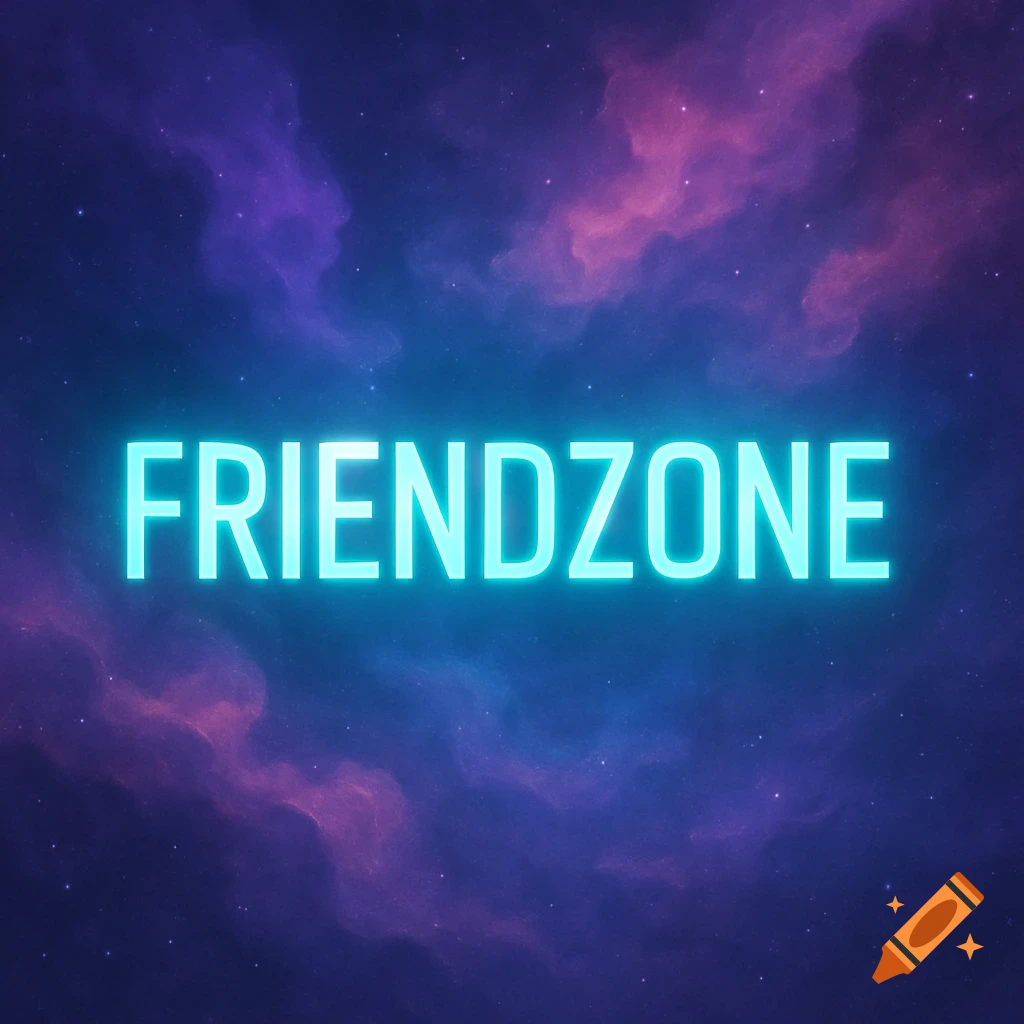 Neon blue text 'FRIENDZONE' glowing brightly against a vibrant purple and blue nebula background filled with stars.