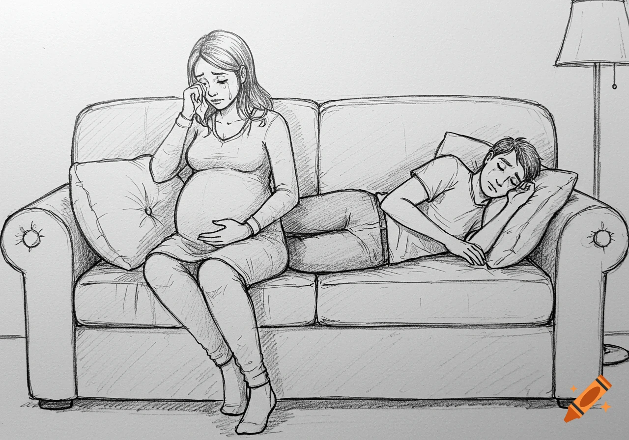 Pencil drawing of a crying pregnant woman sitting on a couch next to a sleeping man.