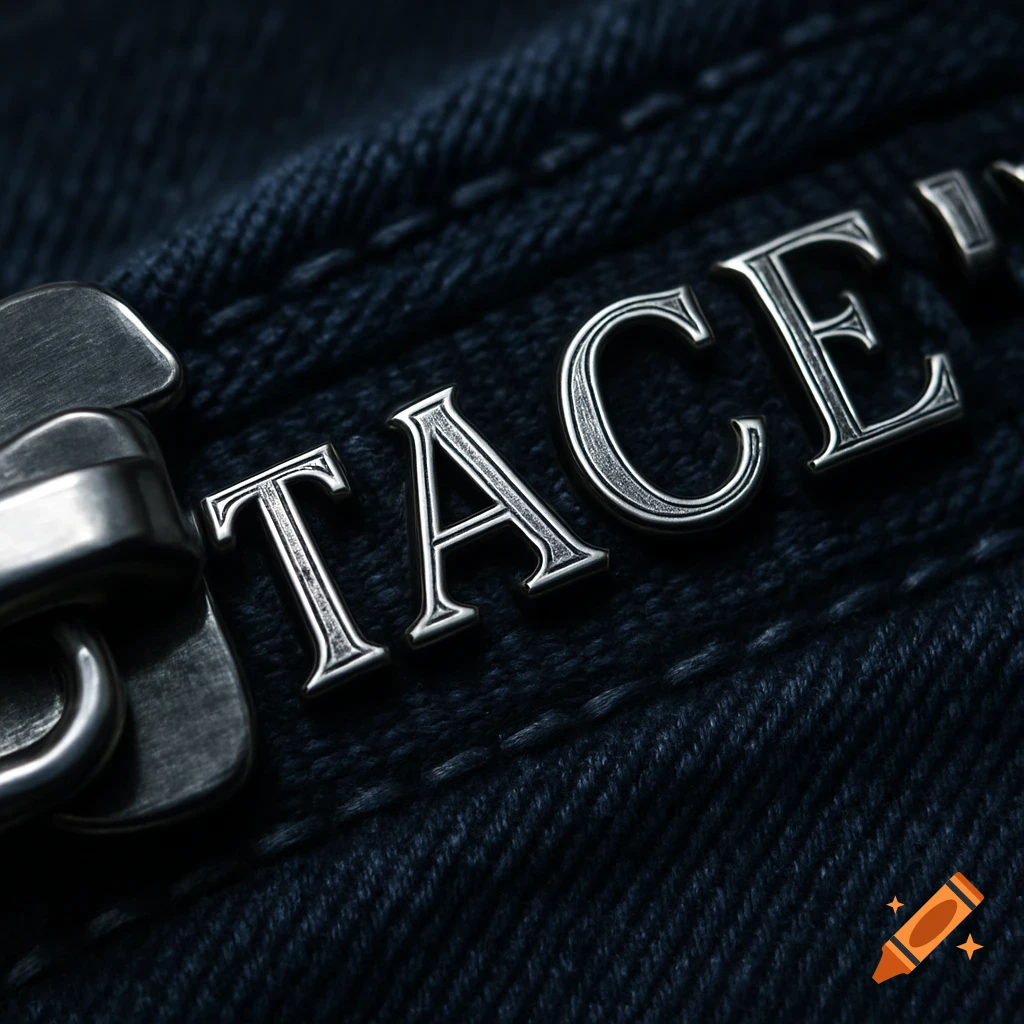 Close-up of a zipper on dark denim fabric with silver letters 'TACE' on the zipper teeth.