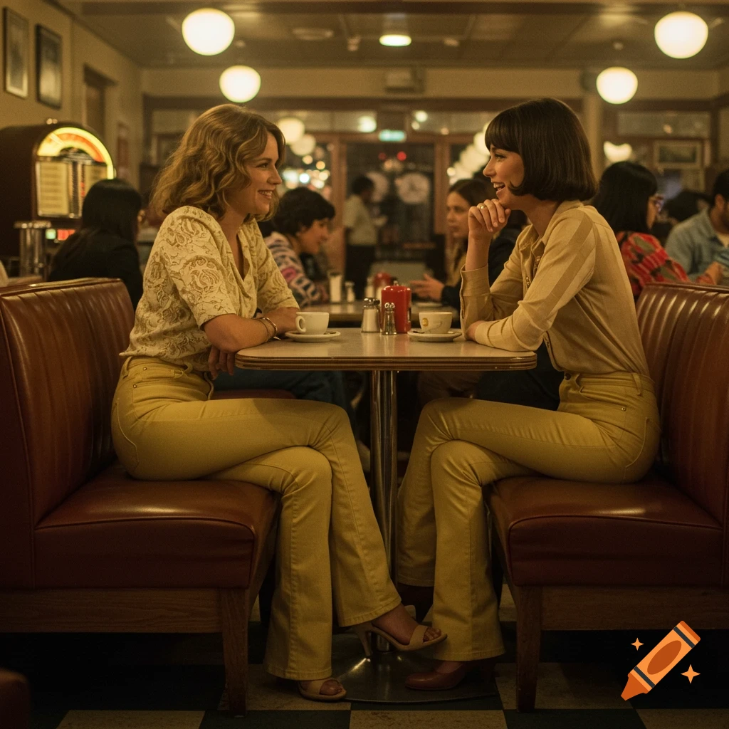 Two women in 1970s-style yellow jeans talk across a table in a dimly lit cafe with brown booths.