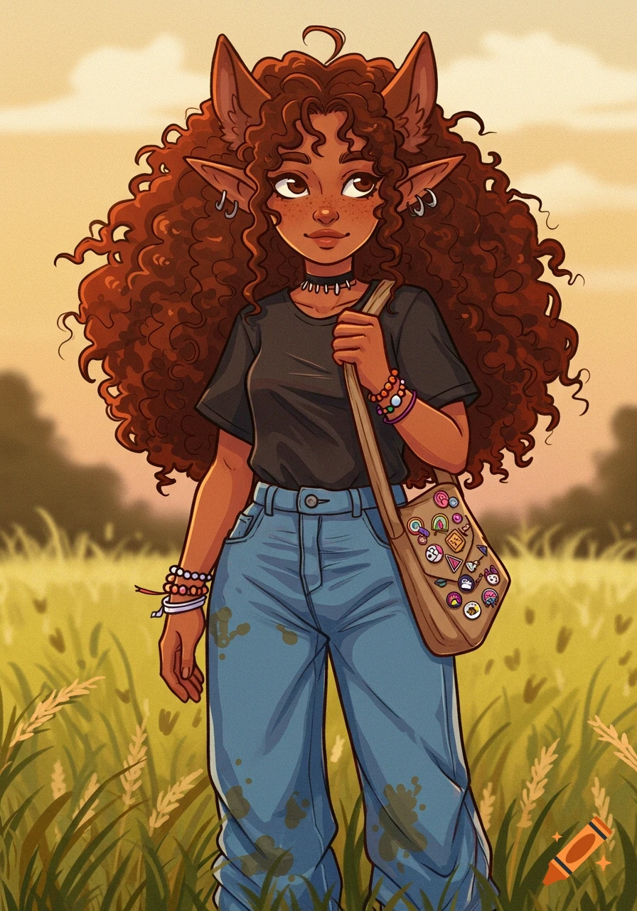 Manga-style girl with brown curly hair, pointy ears, and caramel skin, wearing casual clothes and a pin-covered bag, standing in a grassy field.