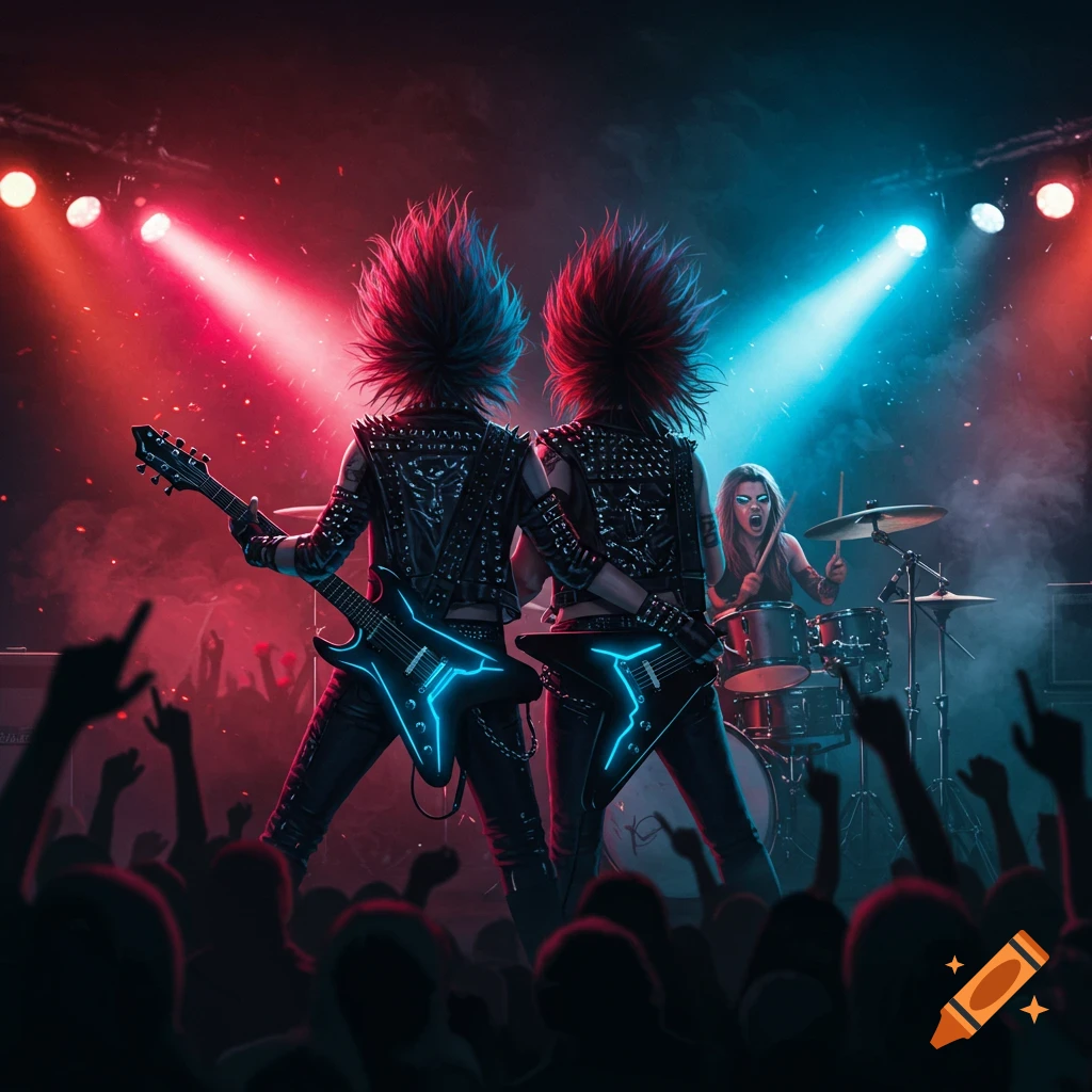 A heavy metal band performs on stage under red and blue spotlights. Two guitarists with glowing guitars face a cheering crowd.