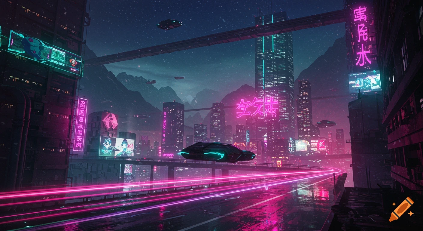 A vibrant cyberpunk city at night with towering skyscrapers, neon signs, flying vehicles, and mountains in the background. Pink and blue lights illuminate wet streets.