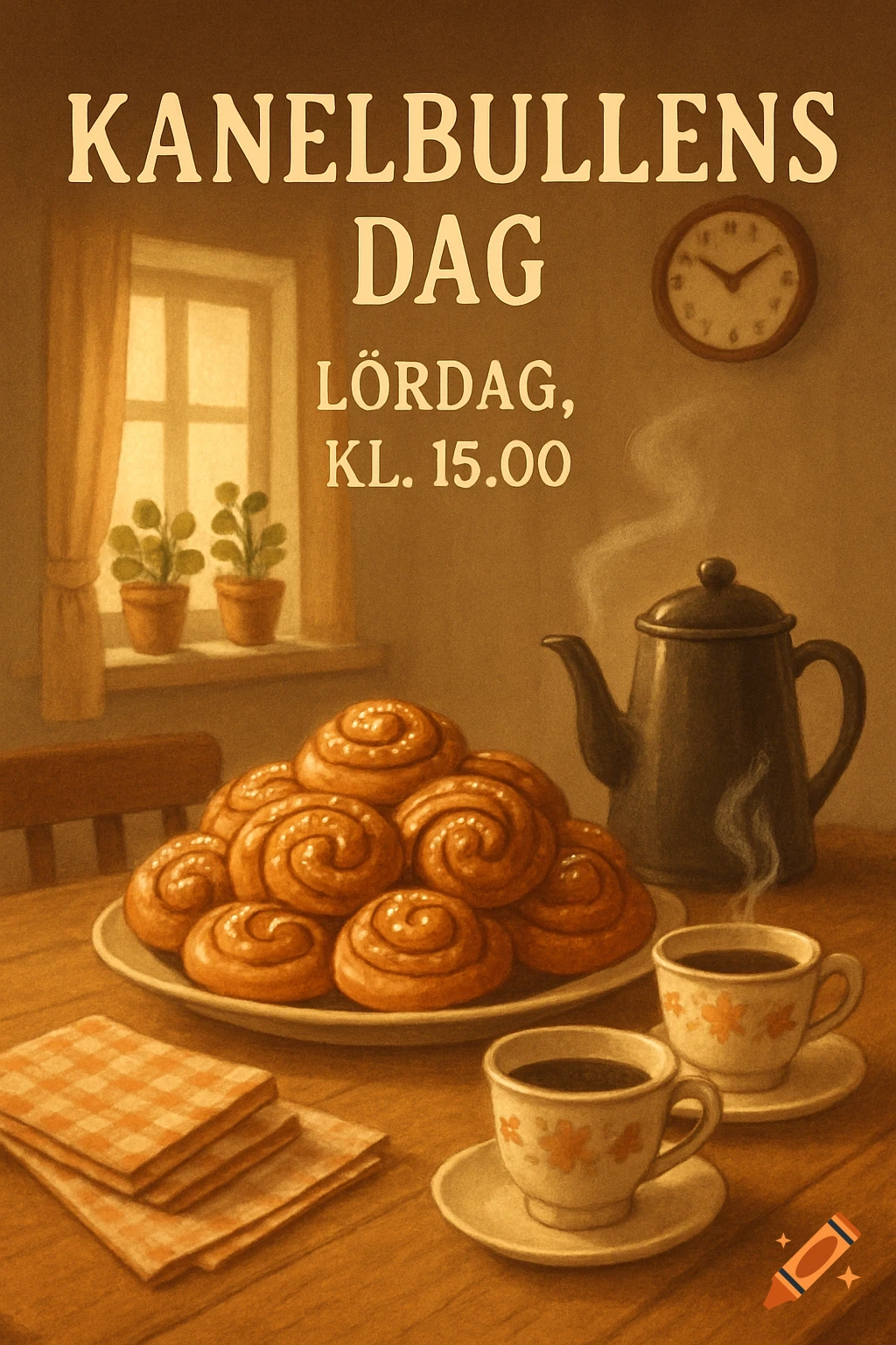 An illustration of a table with cinnamon buns, coffee, and a teapot. Text reads "KANELBULLENS DAG LÖRDAG, KL. 15.00"
