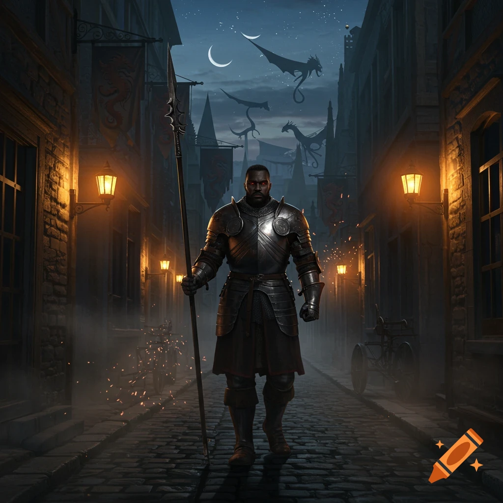 A formidable spearman in dark armor walks down a cobblestone medieval street at night, with dragons silhouetted against the moonlit sky.