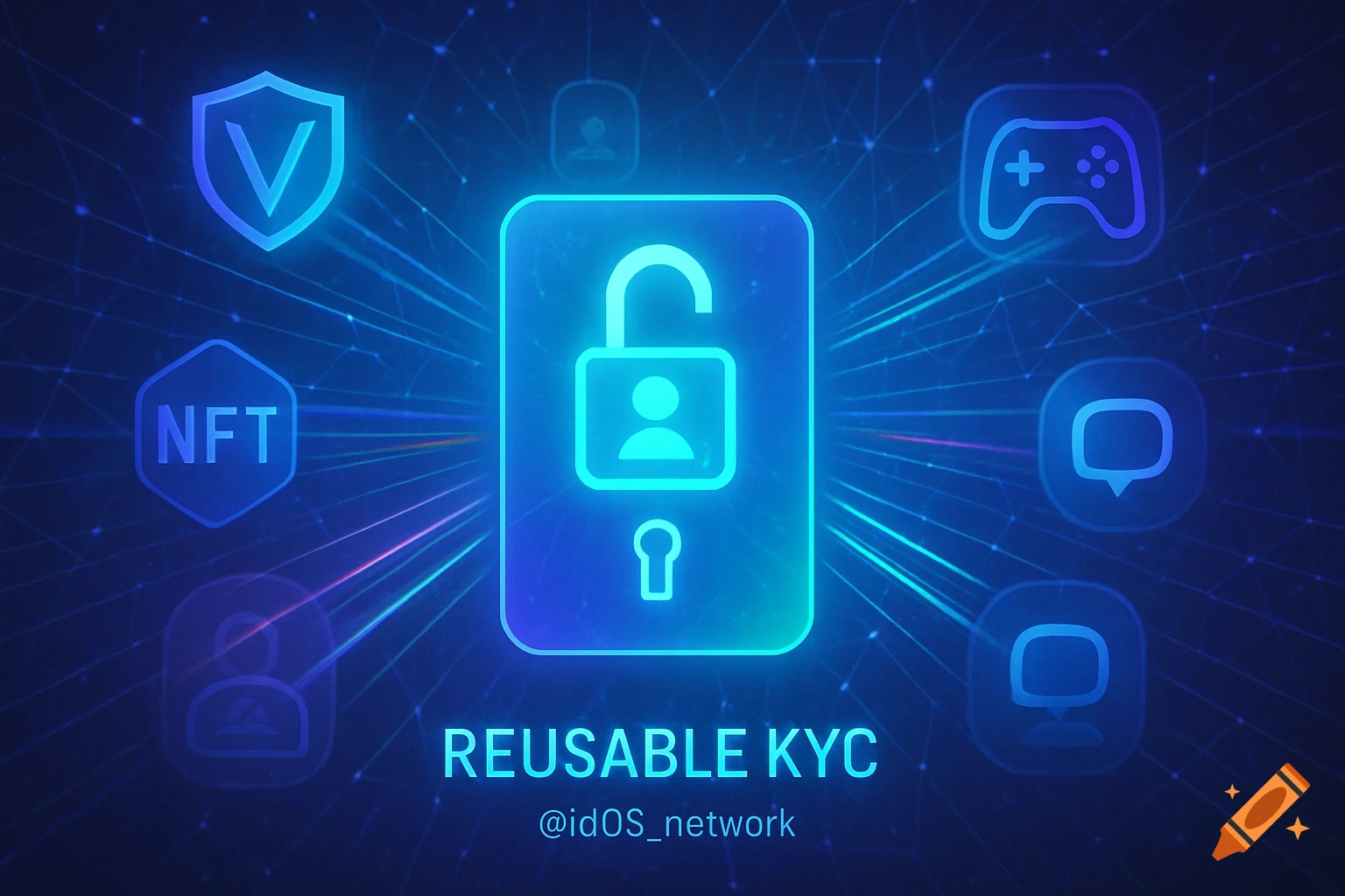 Glowing digital illustration of an unlocked padlock labeled 'REUSABLE KYC', surrounded by NFT, gaming, and security icons on a blue network background.