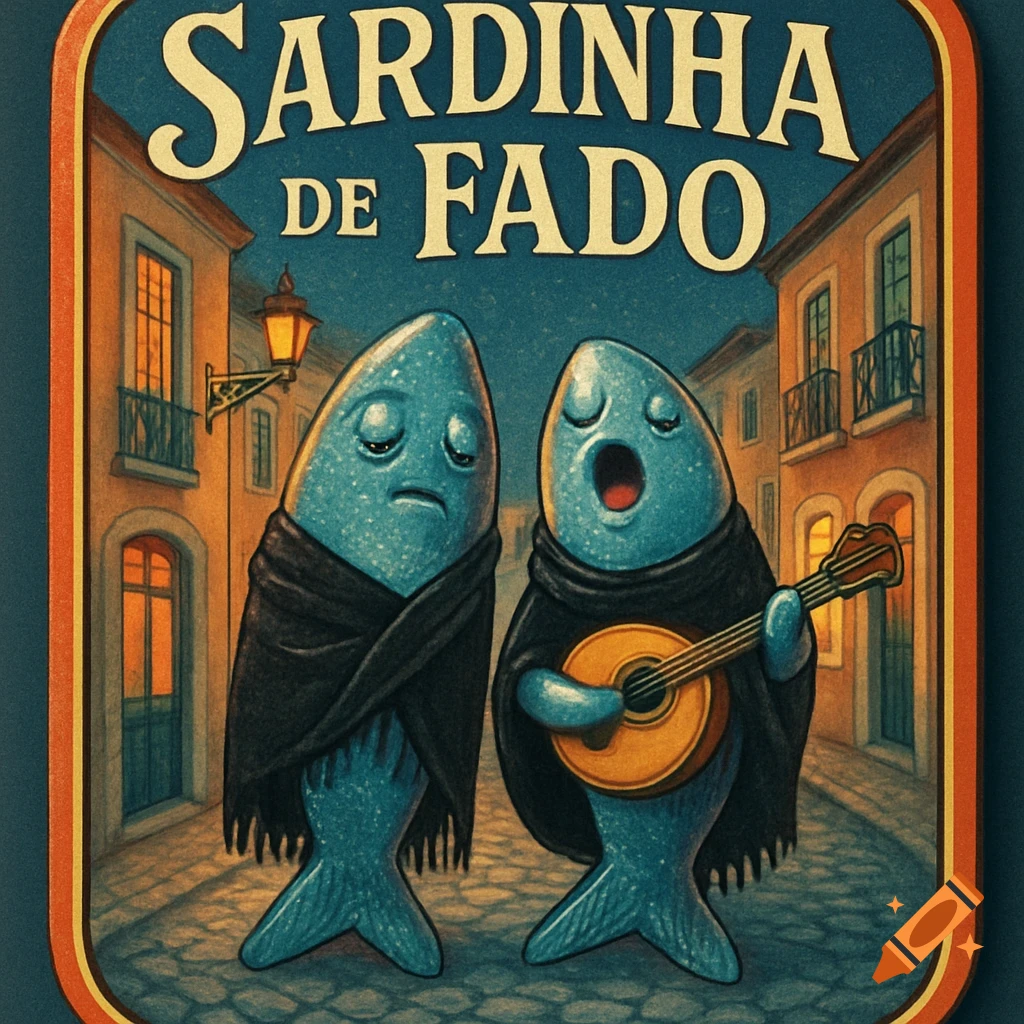 Vintage label art: two cartoon sardines in black shawls, one playing mandolin, the other singing, on a Lisbon street. Text 'SARDINHA DE FADO'.