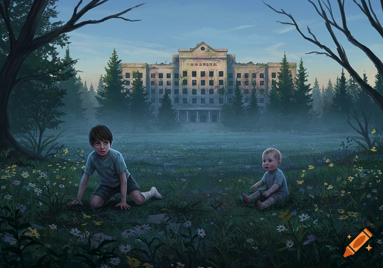 An older boy crawls next to a sitting toddler in a grassy field before an abandoned, overgrown hospital and misty forest.
