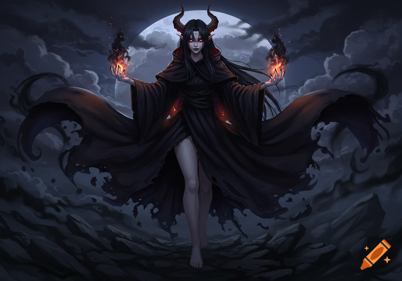 Anime-styled female demon with horns, long black hair, red eyes, in a dark cloak, holding fire under a full moon.
