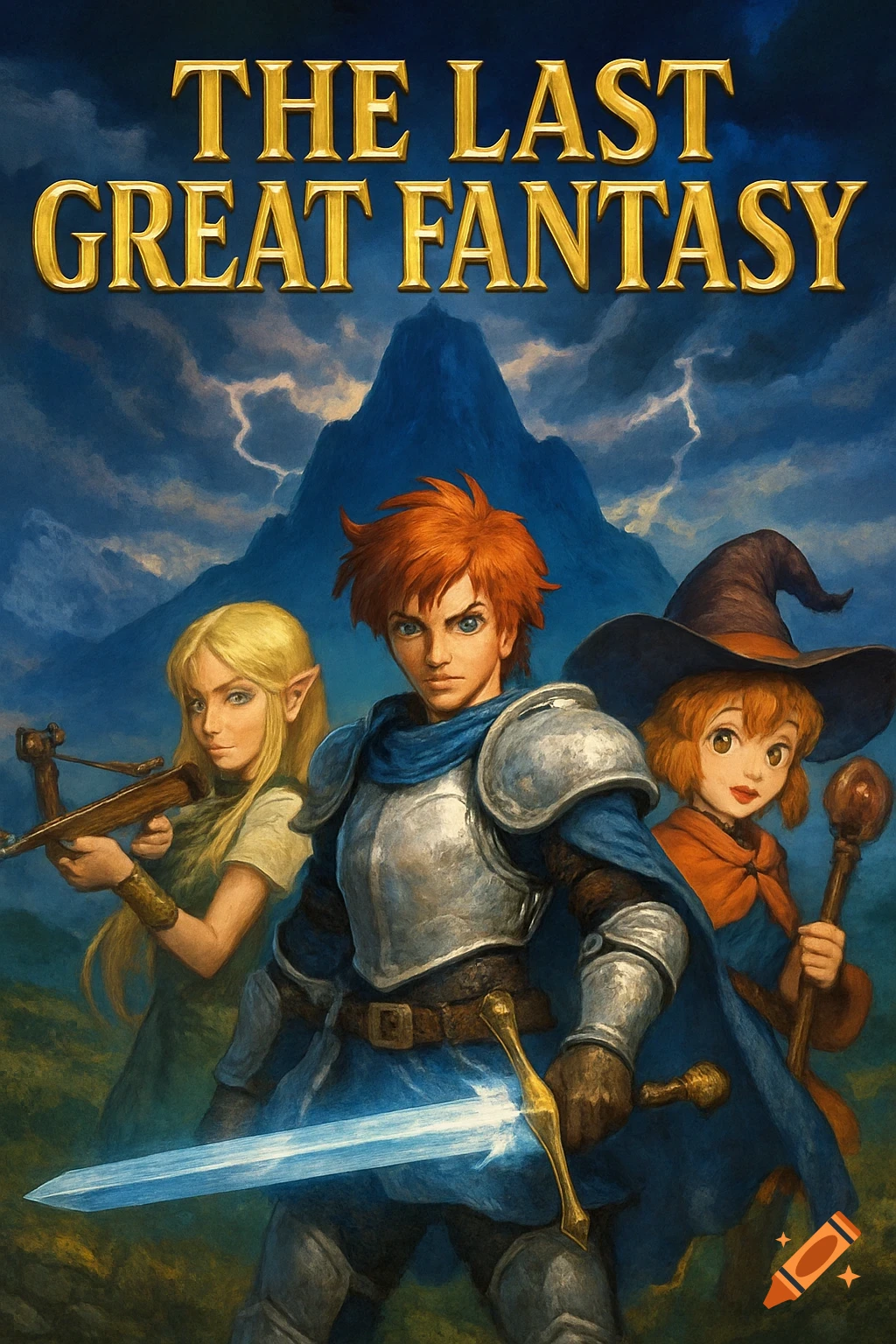 A JRPG-style digital painting of a red-haired knight, a blond elf with a crossbow, and a young wizard girl under a stormy sky.