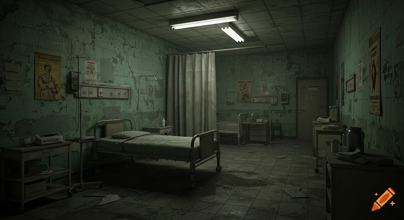 A dark, dilapidated hospital ward with peeling green walls, empty beds, and medical equipment, evoking a grim and abandoned atmosphere.