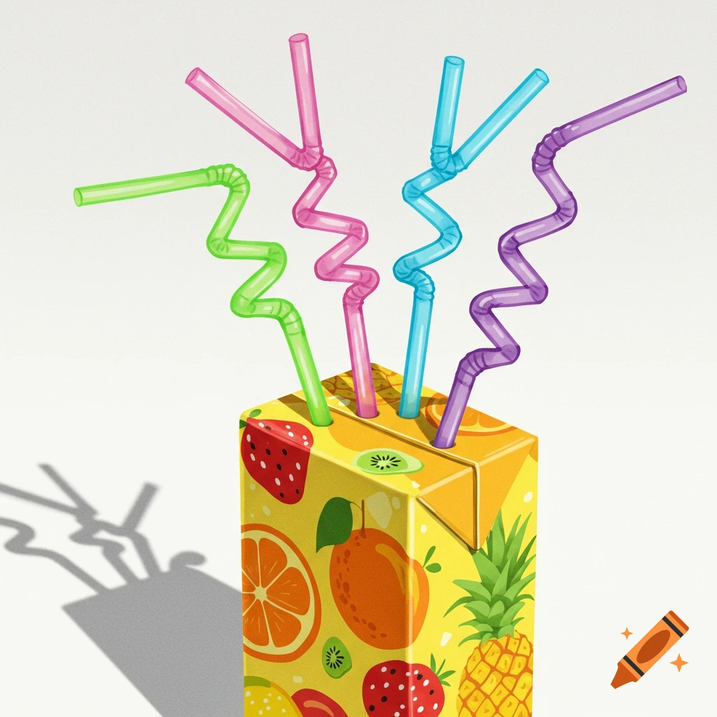 A colorful juice box, decorated with various fruits like strawberries, oranges, pineapples, and kiwis, with four flexible drinking straws of different colors (green, pink, blue, purple) emerging from its top.