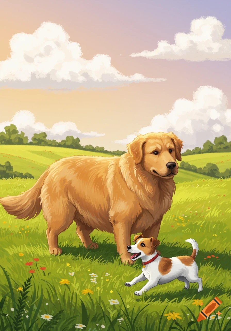 An illustration of a large golden retriever and a small terrier playing in a sunny, green field filled with wildflowers.