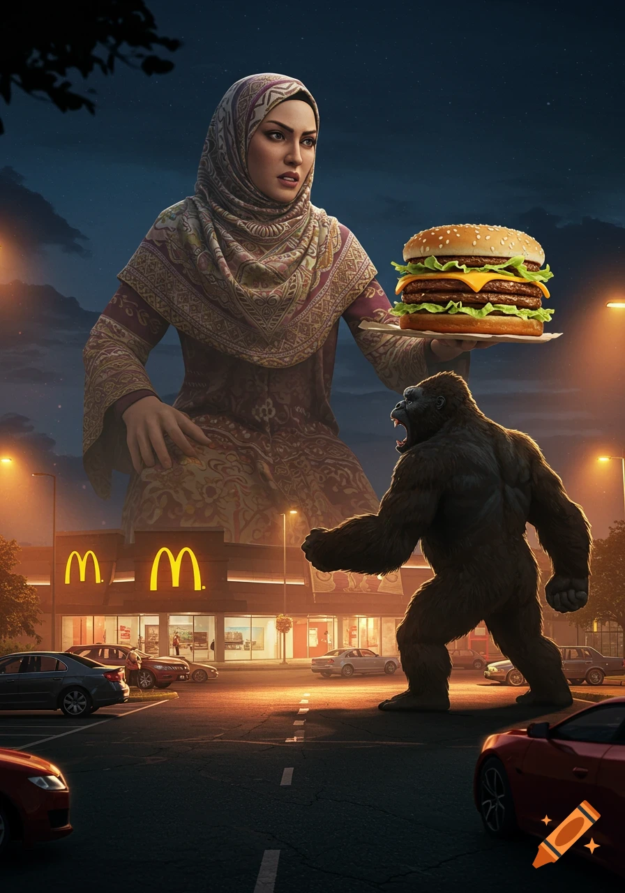 A giant woman in a hijab holds a Big Mac, facing a gorilla in a McDonald's parking lot at dusk, photorealistic style.