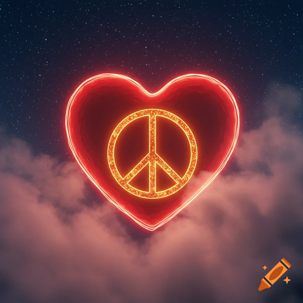A glowing red neon heart with a glittery peace symbol floats among purple clouds under a starry night sky.