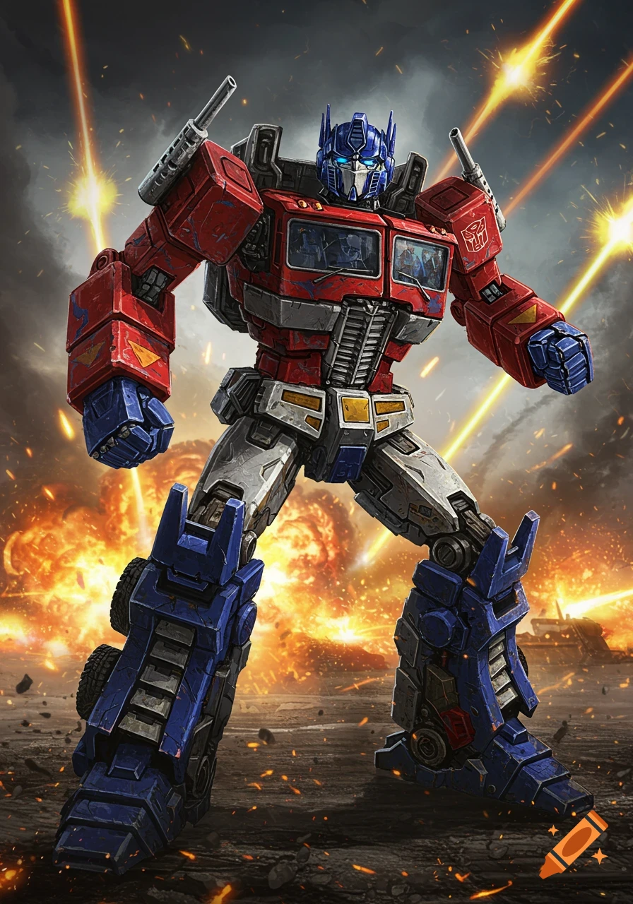 Optimus Prime, a red and blue robot, stands heroically amidst explosions and laser fire on a battlefield.