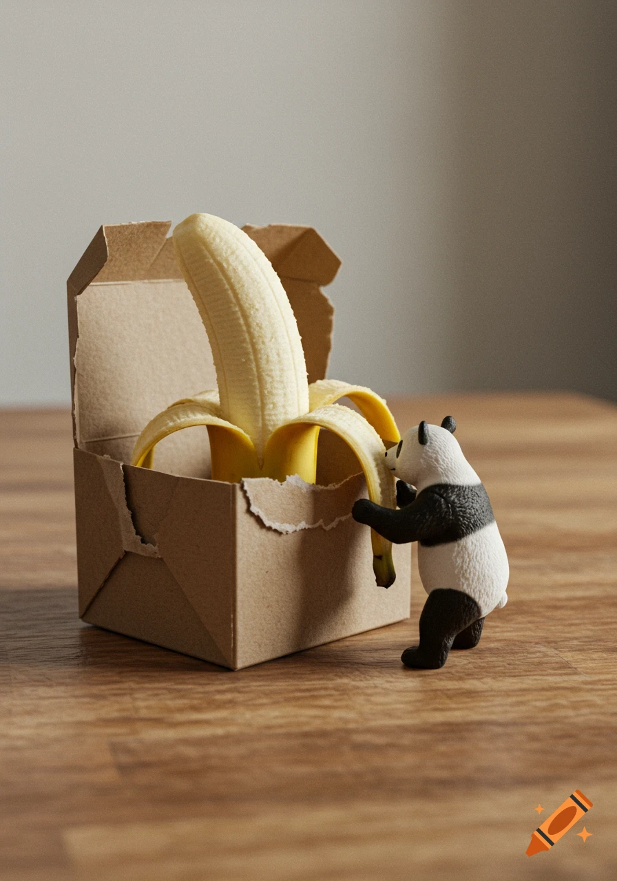 A toy panda stands next to a peeled banana emerging from a torn cardboard box on a wooden table, photorealistic.