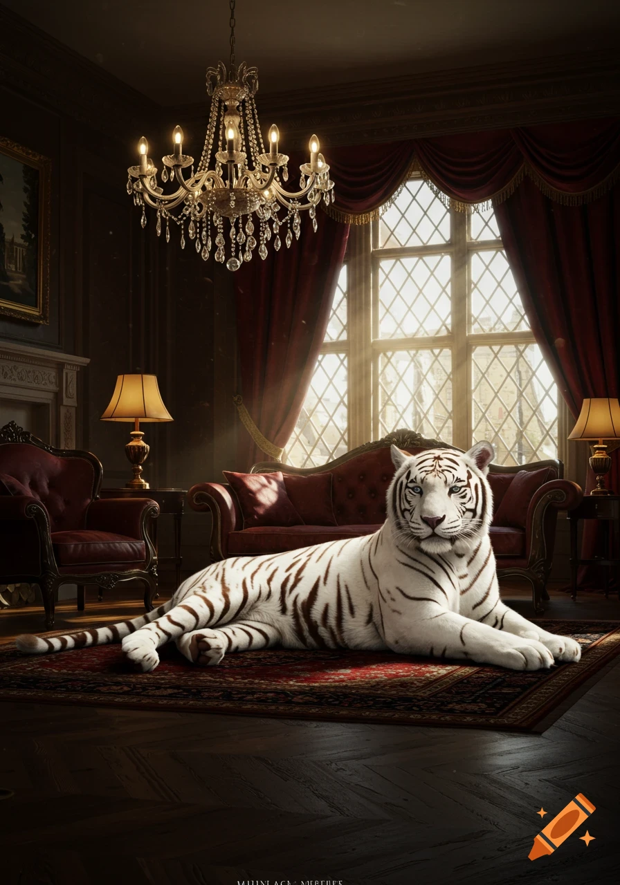 Photorealistic white tiger lying on a patterned rug in a luxurious room with red velvet furniture, a chandelier, and a large window.