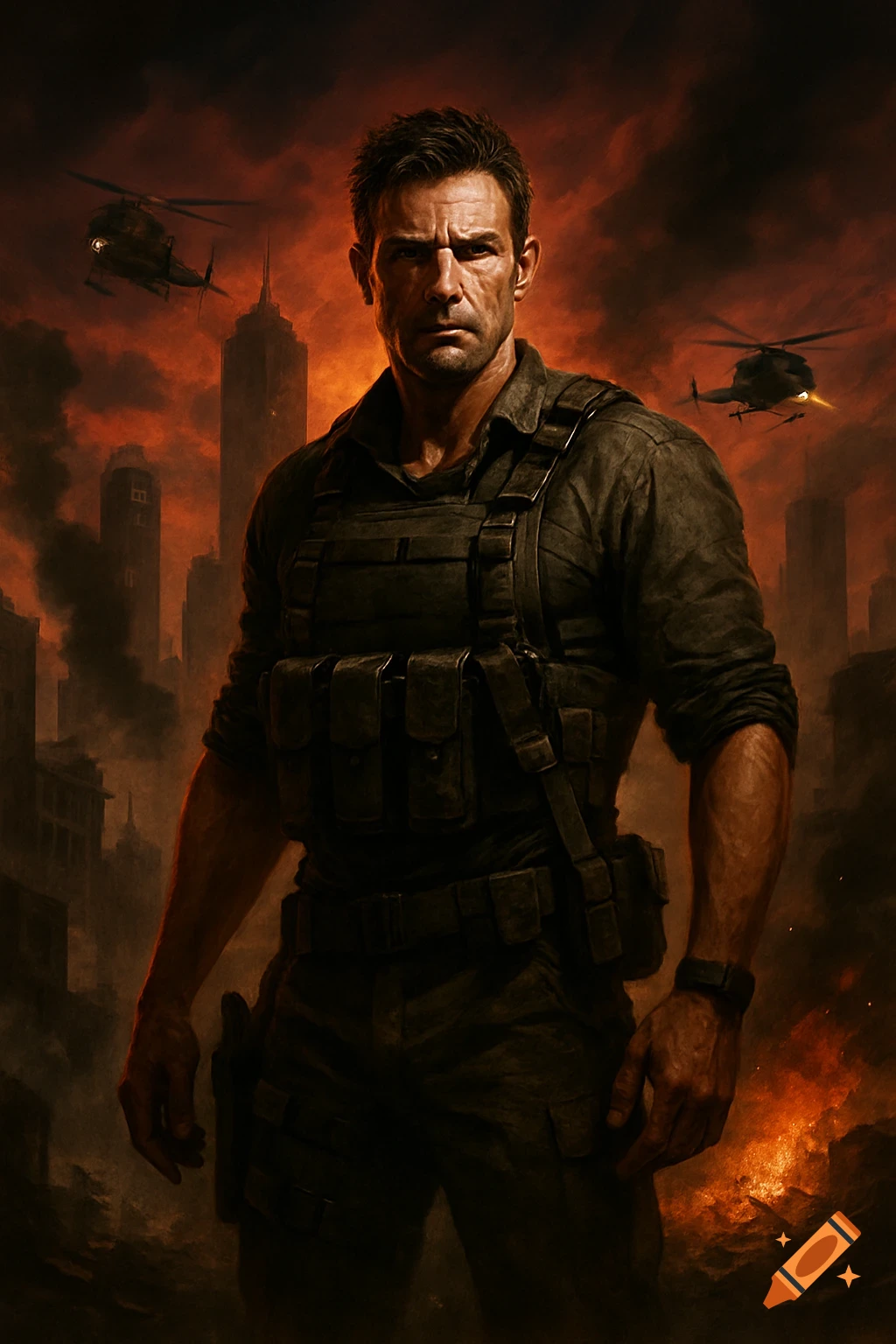 Photorealistic portrait of a rugged man in tactical gear, standing amidst a burning city with helicopters.