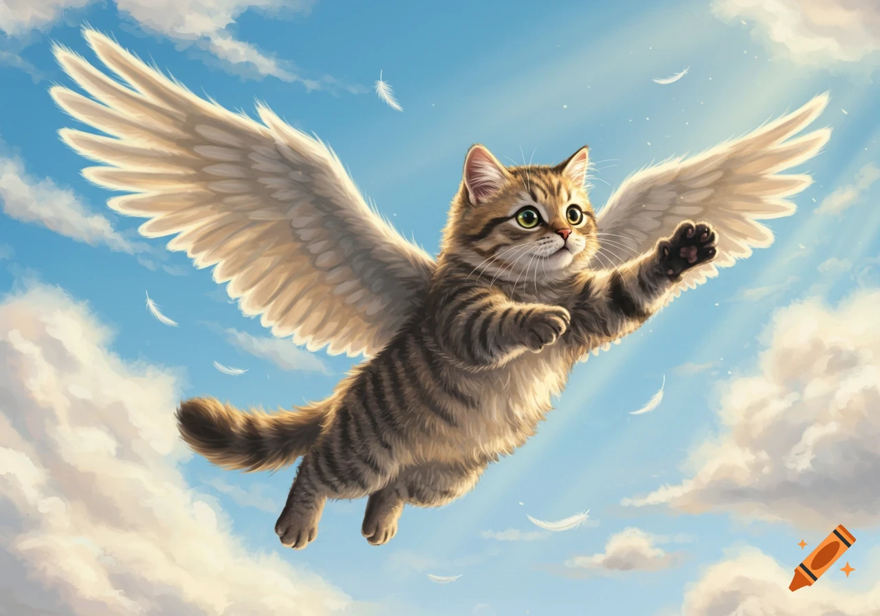 A cute tabby cat with feathery wings flies through a bright blue sky with fluffy white clouds, in a digital painting style.