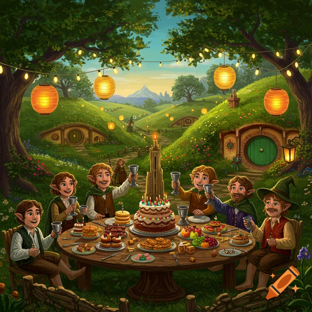 Hobbit-like characters feast at a birthday party in a lush, green Shire-like valley with hobbit holes and lanterns.