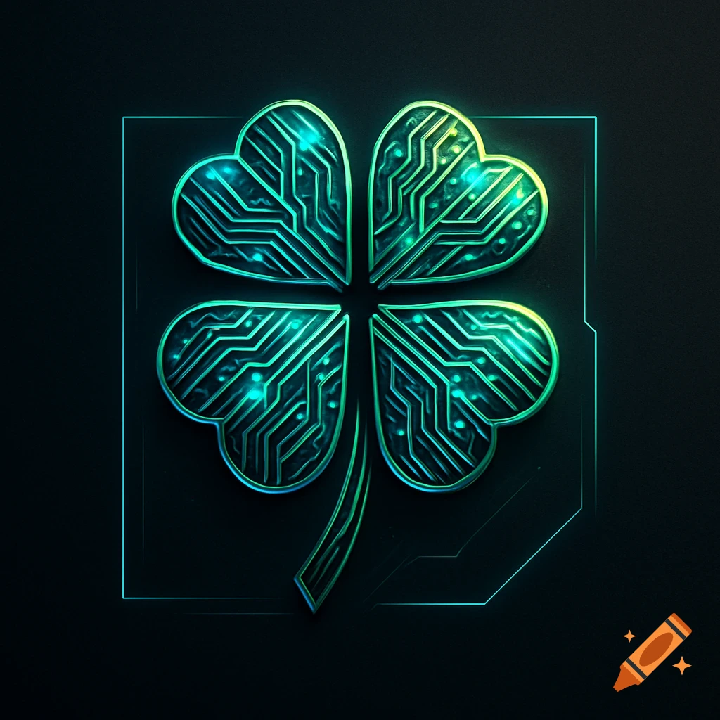 A glowing green and teal four-leaf clover logo with intricate circuit board patterns on a dark background.