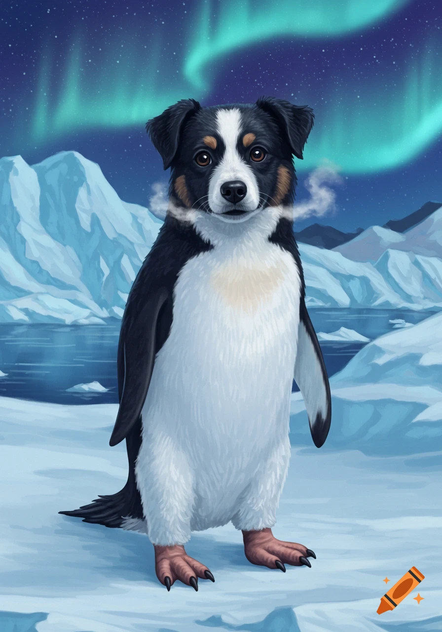 A cute dog-headed penguin hybrid stands in a snowy arctic landscape under a vibrant green aurora borealis, digital painting.