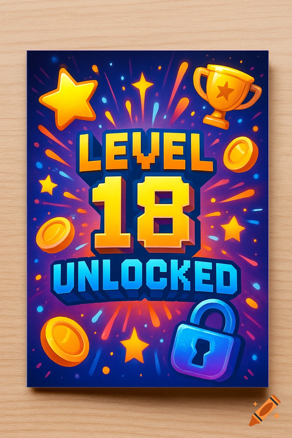 A colorful, game-themed birthday card with "LEVEL 18 UNLOCKED" in large block text, surrounded by stars, coins, a trophy, and a padlock on a dark blue background.