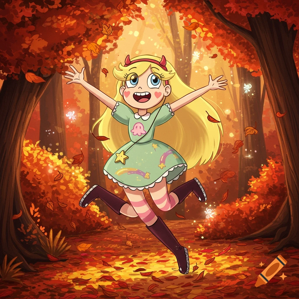 Cartoon Star Butterfly joyfully runs through an autumn forest with falling red and orange leaves, arms outstretched.