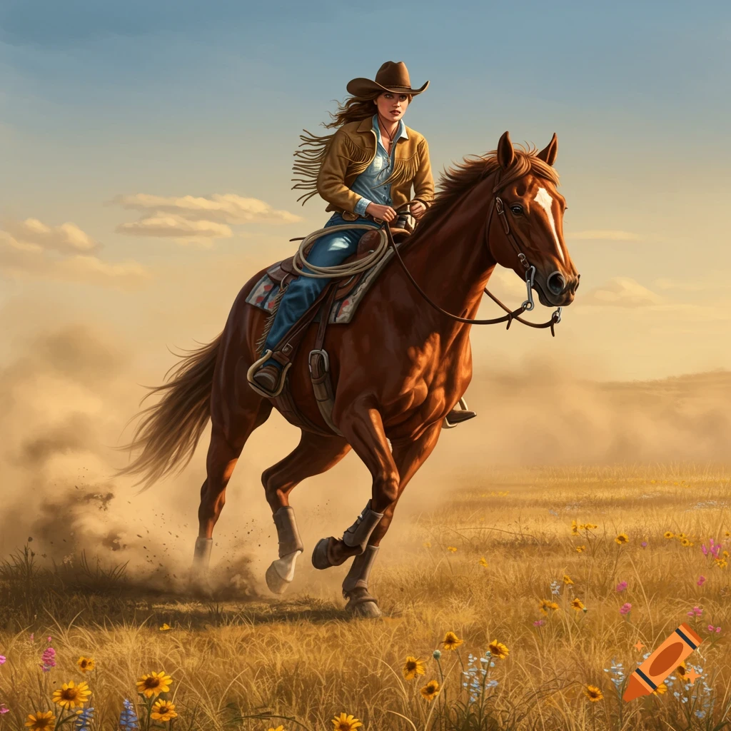 A cowgirl in a fringe jacket and hat rides a galloping brown horse through a sunlit field with wildflowers.