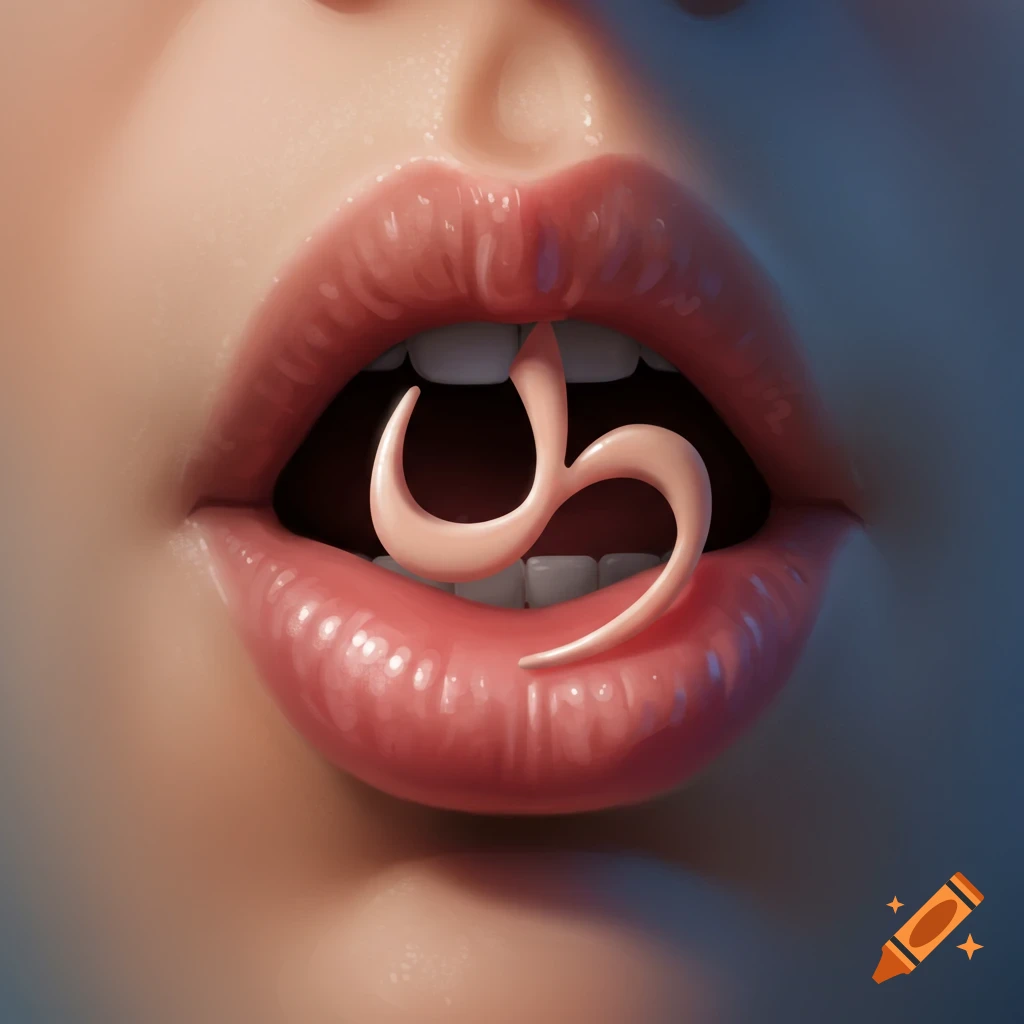 Close-up of a human mouth with glossy pink lips, showing white teeth and a light pink abstract, curved shape inside.